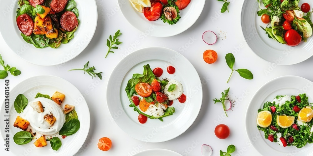 Flat lay style arrangement of different meal plates, top view. Flat lay style arrangement of different meal plates, top view.