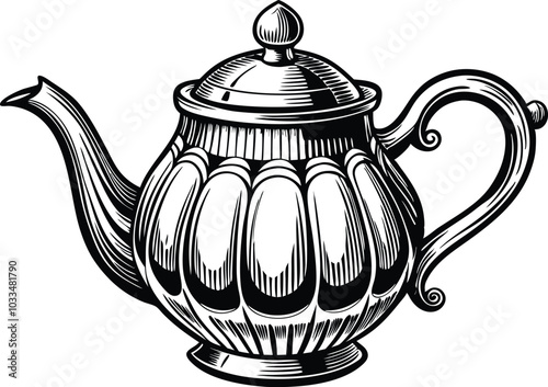 Black and White Engraving of a Retro Tea pot on White Background.