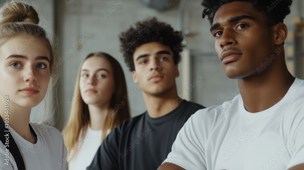 A diverse group of four young adults poses confidently indoors, showcasing various personalities and styles in modern casual attire A diverse group of four young adults poses confidently indoors, showcasing various personalities and styles in modern casual attire