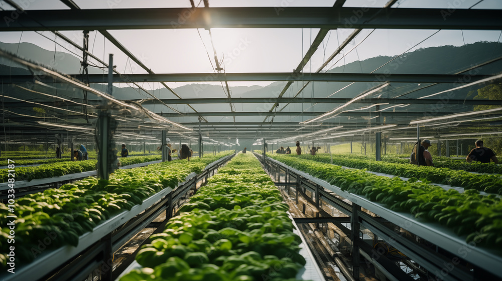 The interior of a greenhouse with plants growing in controlled conditions, representing sustainable agriculture practices, green agriculture The interior of a greenhouse with plants growing in controlled conditions, representing sustainable agriculture practices, green agriculture