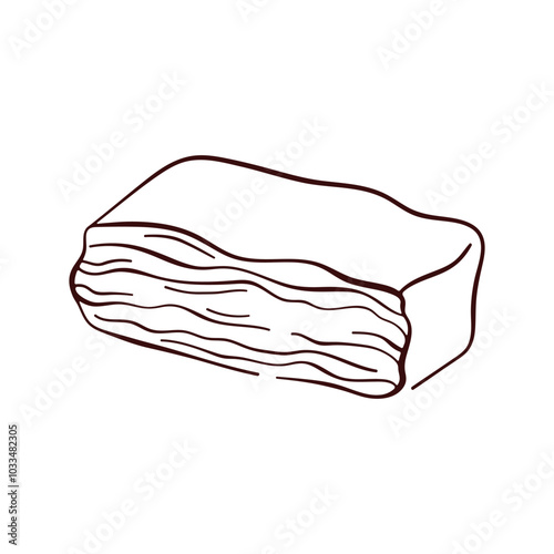 Piece of pork bacon in line art style. Salo, lard design for meat menu restaurant. Vector illustration isolated on a white background.
