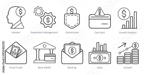 A set of 10 finance and money icons as investor, investment management, commission
