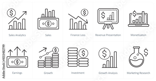 A set of 10 finance and money icons as sales analytics, sales, finance loss