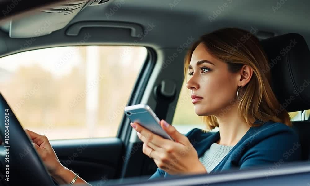 A woman sits in a car using her phone while waiting at a traffic light during a sunny afternoon A woman sits in a car using her phone while waiting at a traffic light during a sunny afternoon