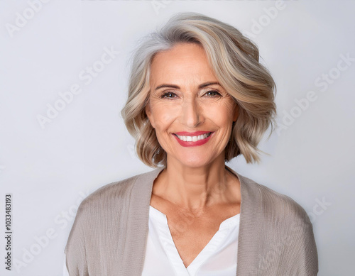 Retrato de estudio de una mujer mayor de cabello gris sonriendo y mirando de frente