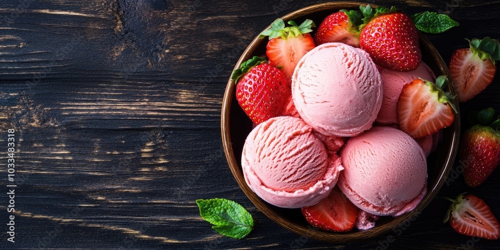 Delicious strawberry ice cream with fresh strawberries on a dark wooden surface. Selective focus, copyspace. Delicious strawberry ice cream with fresh strawberries on a dark wooden surface. Selective focus, copyspace.