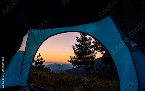 Landscape view of  Sunrise over the Mountain from tent in Kavrepalanchowk , nepal. photo