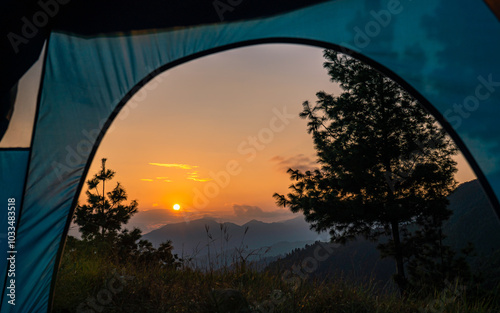 Landscape view of  Sunrise over the Mountain from tent in Kavrepalanchowk , nepal. photo