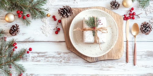 Christmas or New Year zero waste dinner table setting. Ceramic plates, gifts, snowflakes, briar berries, and themed decorations. Festive cutlery on a white wooden board background, copyspace. photo