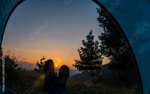 Landscape view of  Sunrise over the Mountain from tent in Kavrepalanchowk , nepal. photo