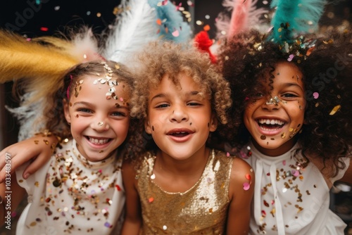 Diverse children party confetti portrait smile. photo