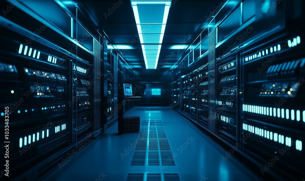 Blue-lit server room with rows of racks. Blue-lit server room with rows of racks.