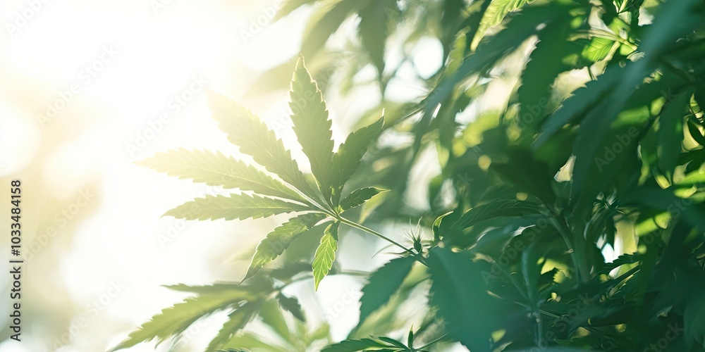 Cannabis leaf among the bushes in sunlight, white background. Cannabis leaf among the bushes in sunlight, white background.