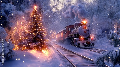 Vintage winter wonderland scene featuring a charming old locomotive surrounded by snow-covered trees and festive christmas decorations, capturing the magic and nostalgia of a winter fantasy in a pictu