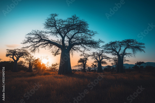 Beautiful baobab trees landscape in Madagascar at sunset. 