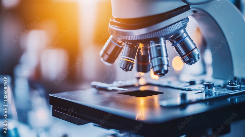Microscope close-up, laboratory equipment, scientific research, illuminated background Microscope close-up, laboratory equipment, scientific research, illuminated background