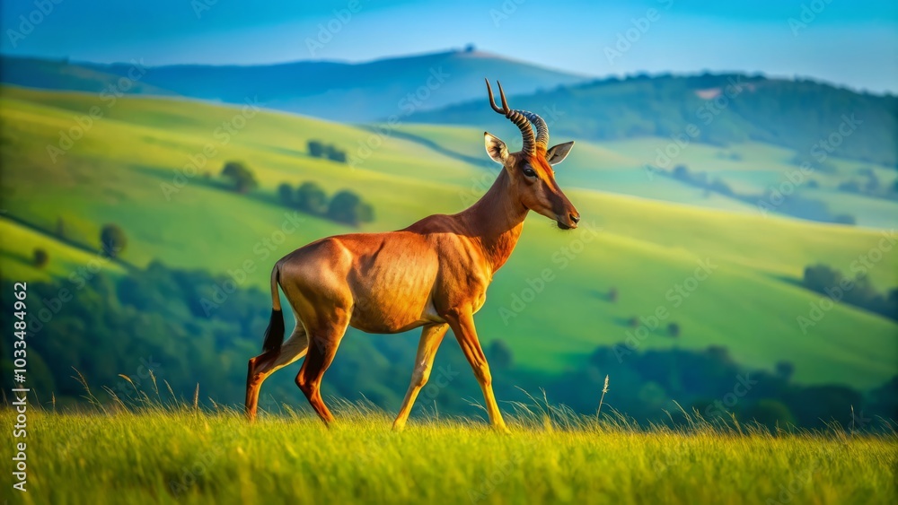 Fototapeta premium Majestic Topi Antelope Roaming Freely in Lush Green Savanna Under Bright Blue Sky | Wildlife Photography | Nature Scenes | African Fauna | Animal Behavior