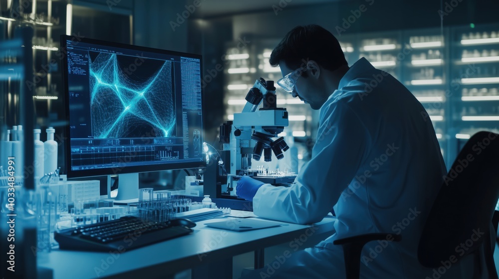 Scientist conducting research in laboratory, analyzing samples with microscope Scientist conducting research in laboratory, analyzing samples with microscope