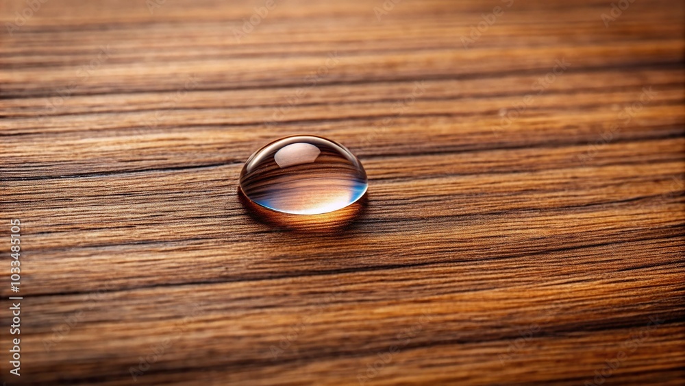 Minimalist water droplet on stylish brown laminate wood background Minimalist water droplet on stylish brown laminate wood background