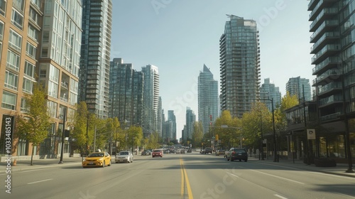 A wide shot of a busy street lined with tall buildings in a city. Cars are driving down the street, and there are trees on either side. The sky is clear and blue, and the sun is shining.