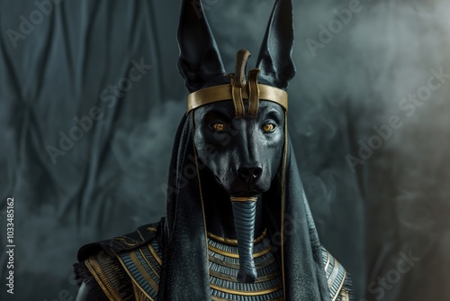 Anubis, egyptian god of death, wearing gold and looking powerful in front of a dark background