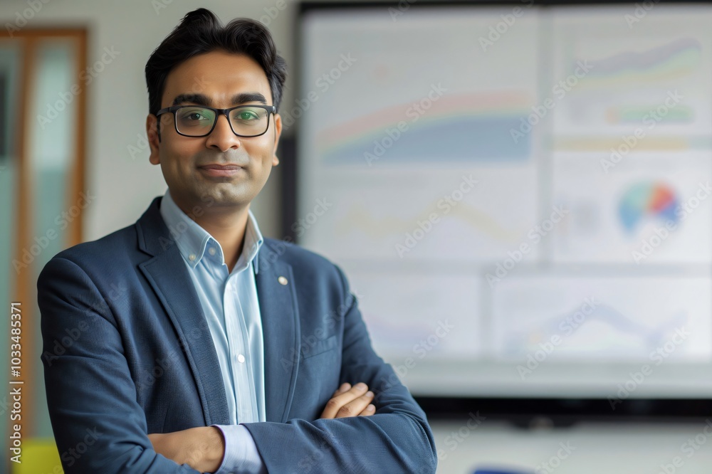 Obraz premium Smiling indian businessman in a blue suit is standing with his arms crossed in an office meeting room