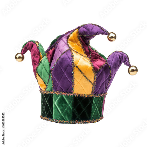 Decorative Mardi Gras jester hat with bells and multicolored panels isolated on a transparent background 