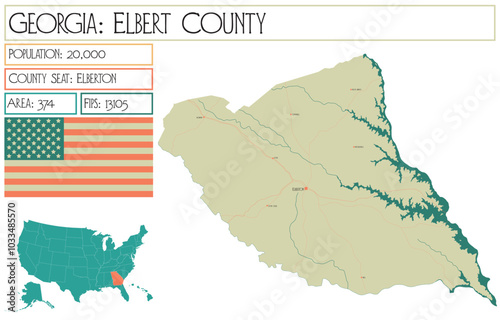 Large and detailed map of Elbert County in Georgia USA.