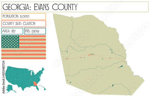 Large and detailed map of Evans County in Georgia USA.