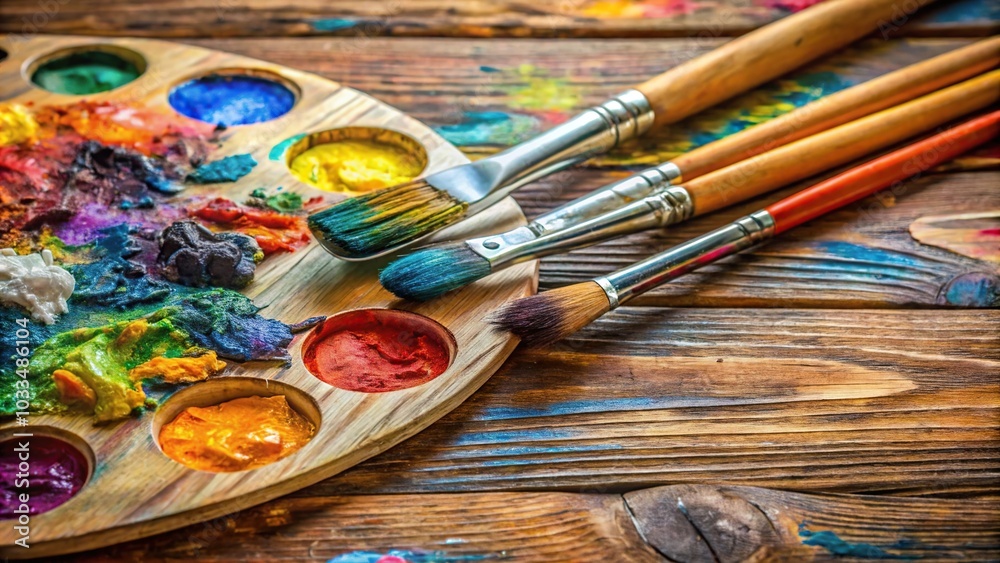 Palette with colorful paint brushes and paint on it, creating a unique forced perspective view Palette with colorful paint brushes and paint on it, creating a unique forced perspective view