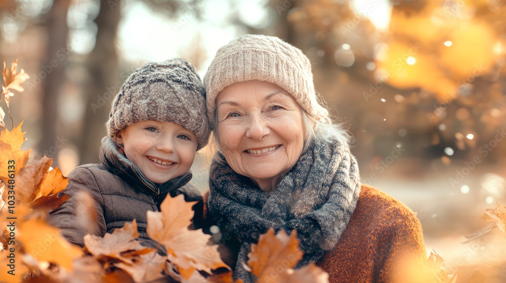 Grandmother and grandchildren enjoying a joyful autumn day in a park filled with vibrant leaves and laughter while creating cherished memories