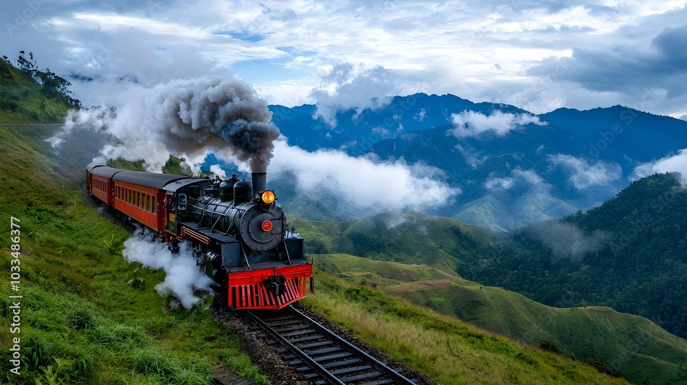 Obraz premium Classic steam powered locomotive chugging along a winding mountain railway track surrounded by verdant forests and rolling valleys in a breathtaking natural landscape