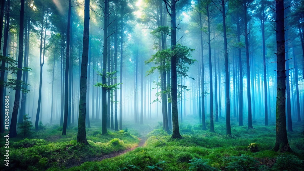 Naklejka premium Panoramic mysterious forest landscape with fog
