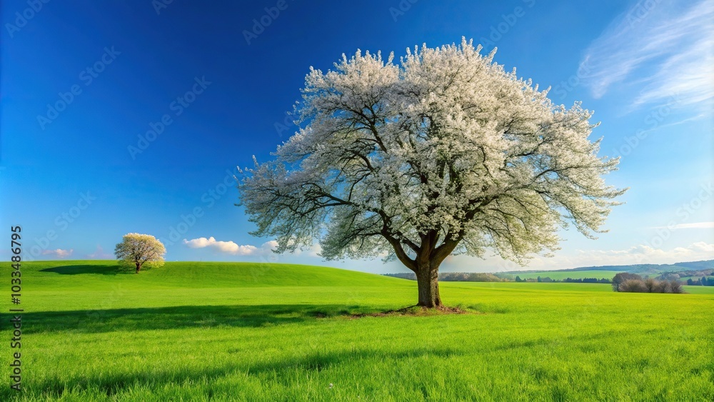 Panoramic springtime countryside scene with green grass field and blooming white tree Panoramic springtime countryside scene with green grass field and blooming white tree