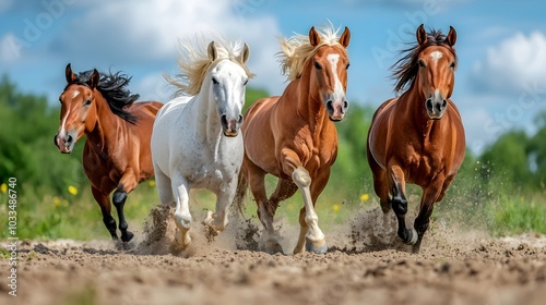 Powerful herd of wild horses sprinting across the sandy beach kicking up water and sand as the crashing waves provide a stunning natural backdrop