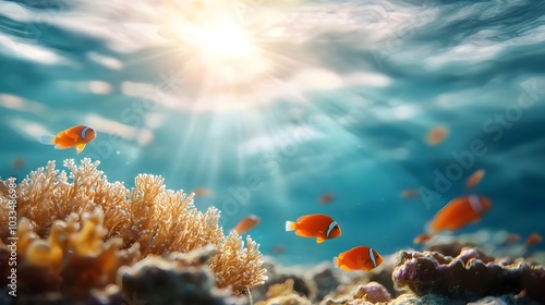 Fototapeta Naklejka Na Ścianę i Meble -  A breathtaking underwater scene featuring a vibrant coral reef ecosystem filled with schools of colorful tropical fish with sunlight filtering down through the crystal clear waters