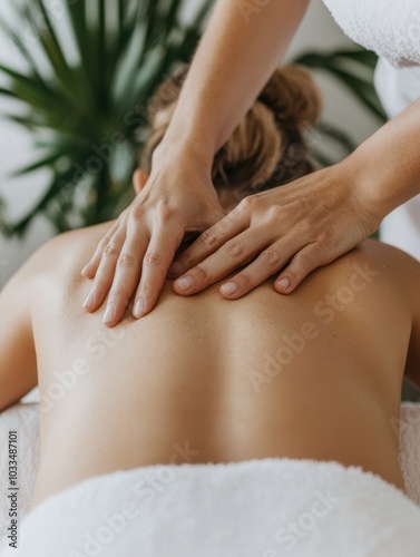 Relaxing massage therapy on a woman's back in a serene environment.