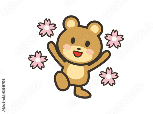 嬉しそうなかわいいくまさんと桜の花びらのイラスト