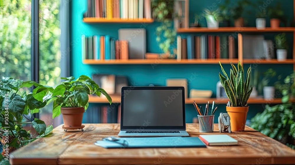 Fototapeta premium A colorful, organized workspace, with books, plants, and personal items making it feel inviting