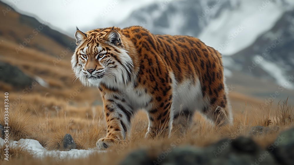 Obraz premium A bobcat with yellow eyes and stripes standing majestically on a snowy mountain in a serene winter forest