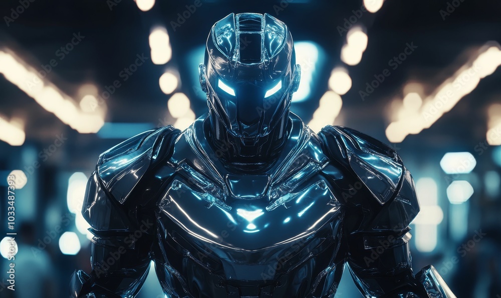 A futuristic cyborg stands in a blue glow. A futuristic cyborg stands in a blue glow.