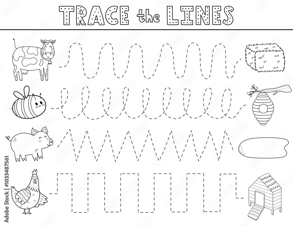 Trace lines black and white activity page with cute farm animals ...