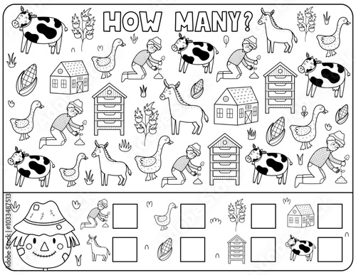 Black and white how many activity page for kids with cute farm animals. Count the number of cow, donkey, goose and more. Puzzle game in outline for school and preschool. Vector illustration