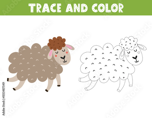 Trace and color game for kids with a cute sheep. Activity page with a funny farm animal. Great for coloring book. Vector illustration