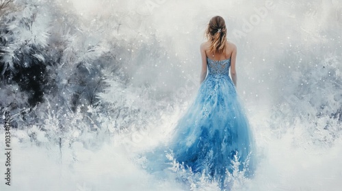 Fine art portrait of elegant woman in blue dress standing in a serene snowy winter landscape, capturing the contrast of vibrant color against a cold white snow-covered background for a stunning winter