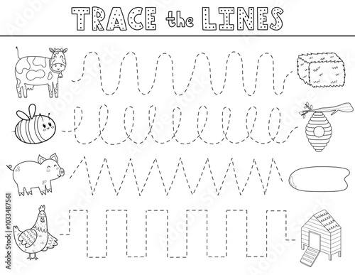Trace lines black and white activity page with cute farm animals. Handwriting practice worksheet in outline for kids. Educational game for preschool. Vector illustration