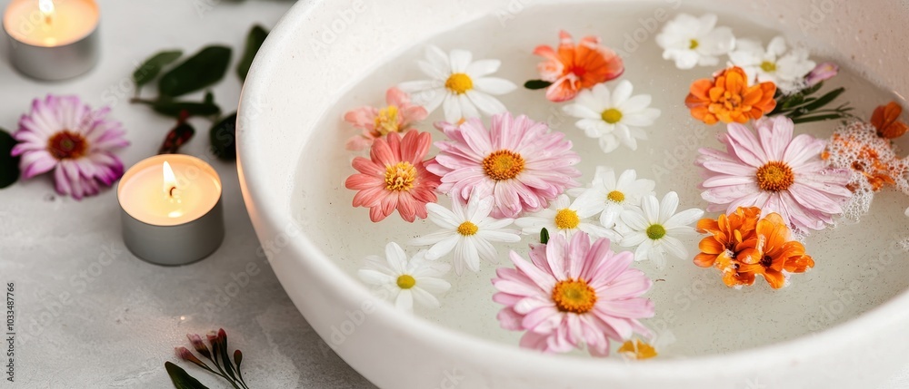 Colorful flowers floating in a bowl with candles, serene ambiance. Colorful flowers floating in a bowl with candles, serene ambiance.