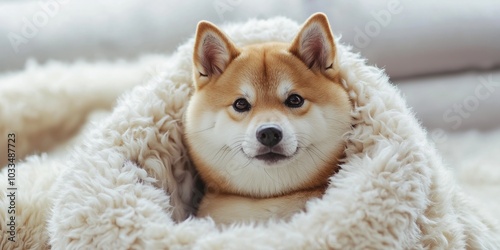 A small dog is curled up in a white blanket. The dog is brown and has a cute, innocent expression on its face. Concept of warmth and comfort, as the dog is snuggled up in a cozy blanket