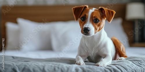 A cute and inquisitive Jack Russell Terrier dog is sitting on a bed, closely watching something. Copyspace. Humorous dog, vet clinic content. photo