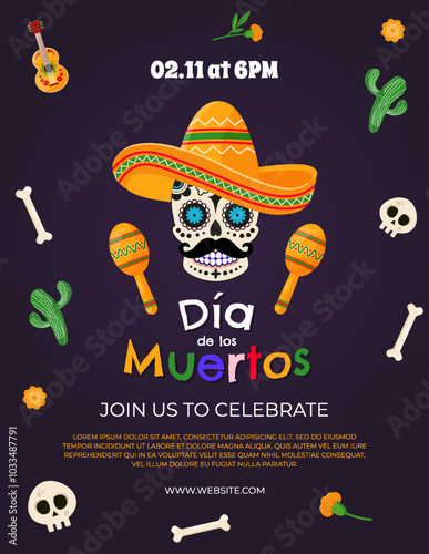 Dia de Los Muertos - Mexican Day of the Dead invitation flyer, poster or banner template with title and colorful traditional objects. Vector illustration